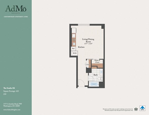 Floor plan for studio, 1 bath, 423 sqft